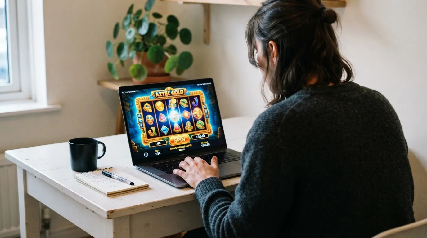 Person am Laptop liest eine Übersichtsseite zu Glücksspielen im Internet — 10 euro bonus ohne einzahlung casino