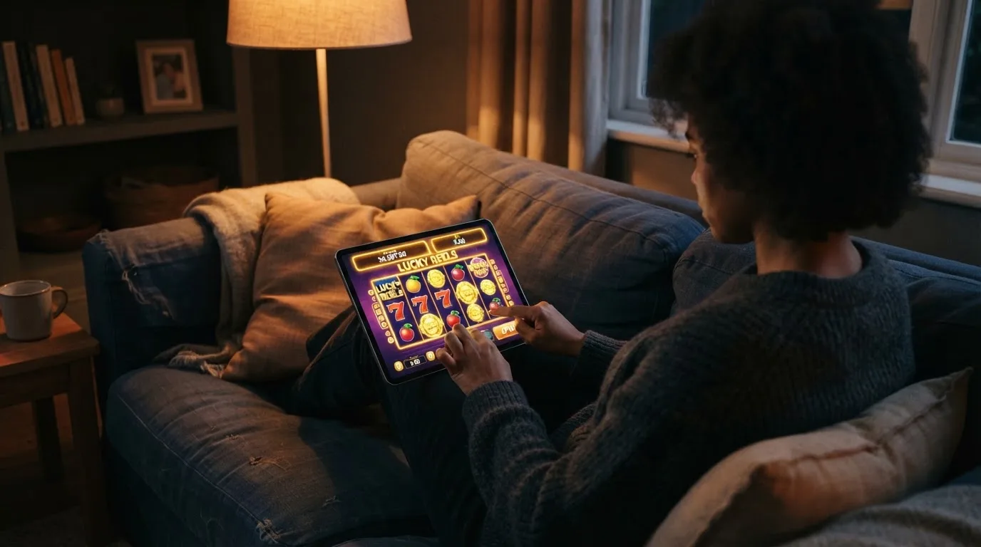 Person sitzt entspannt auf einem Sofa und blickt konzentriert auf ein Tablet in gedämpftem Wohnzimmerlicht am Abend.