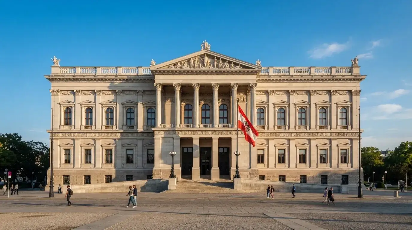 Fassade eines klassizistischen Wiener Amtsgebäudes mit österreichischer Flagge an einem klaren Nachmittag.