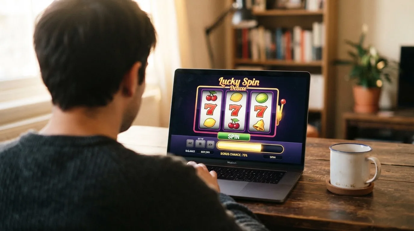 Person am Laptop liest eine Übersichtsseite zu Glücksspielen im Internet — 15 euro bonus ohne einzahlung casino