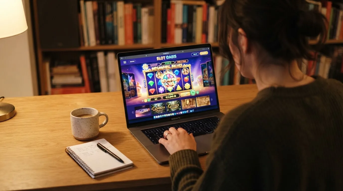 Person am Laptop liest eine Übersichtsseite zu Glücksspielen im Internet — 20 euro bonus ohne einzahlung casino