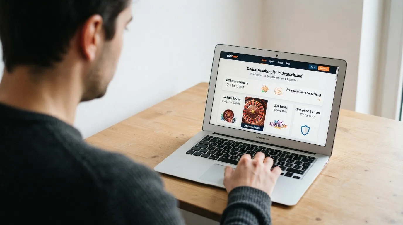 Person am Laptop liest eine Übersichtsseite zu Glücksspielen im Internet — 20 freispiele ohne einzahlung
