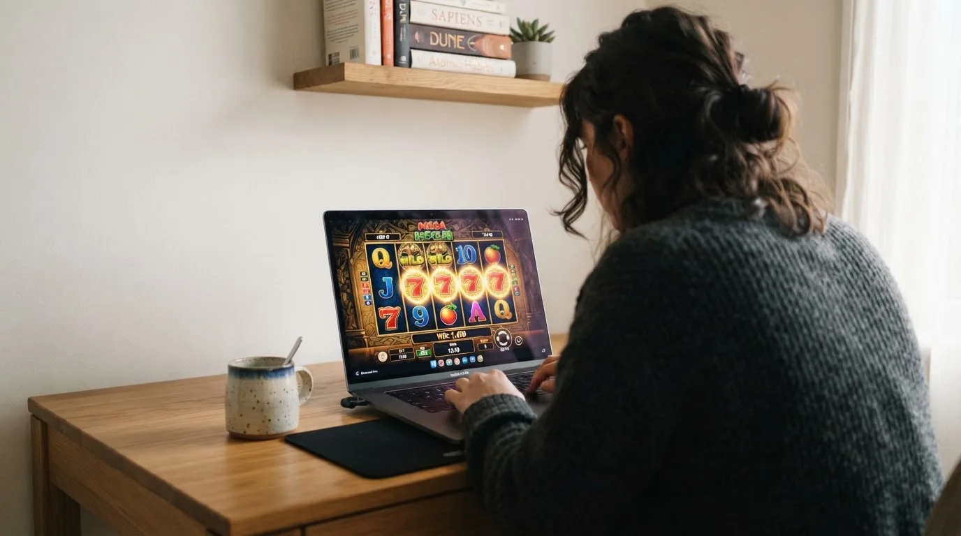Person am Laptop liest eine Übersichtsseite zu Glücksspielen im Internet — 30 euro bonus ohne einzahlung casino