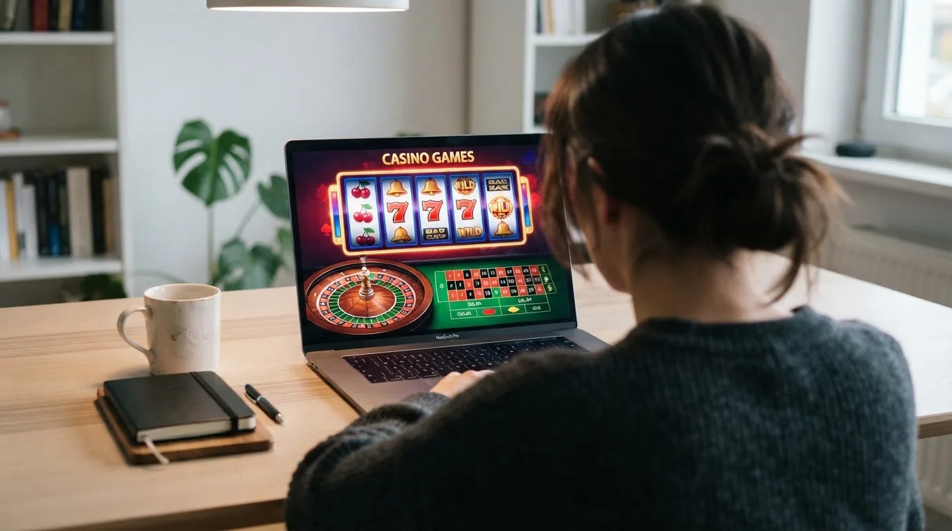 Person am Laptop liest eine Übersichtsseite zu Glücksspielen im Internet — 5 euro bonus ohne einzahlung casino