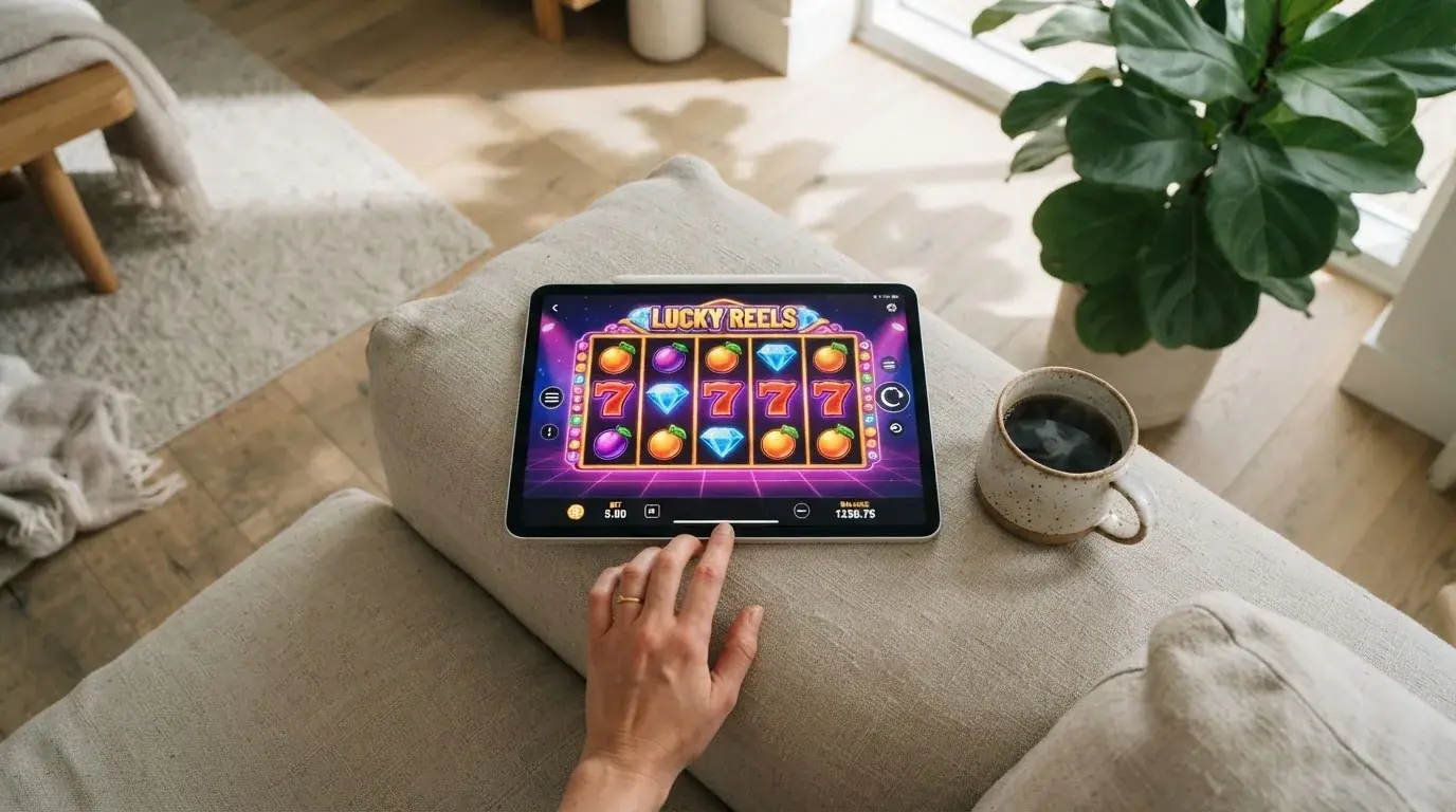 Person sitzt entspannt mit einem Tablet auf dem Schoß in einem hellen Wohnzimmer und blickt konzentriert auf den Bildschirm.