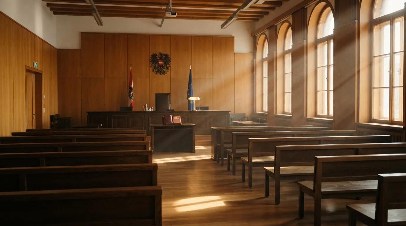 Innenansicht eines modernen Gerichtssaals mit leeren Holzbänken und hohen Fenstern, durch die Nachmittagslicht fällt.
