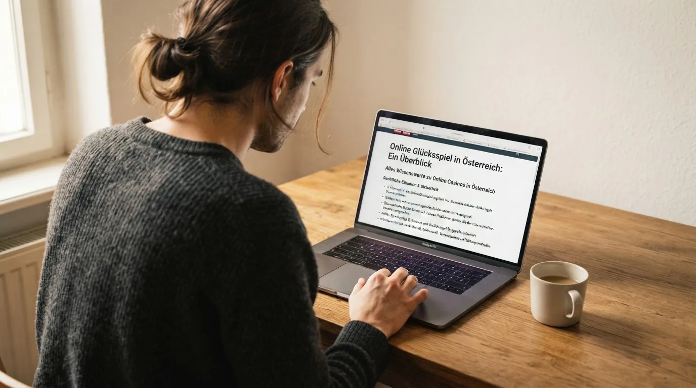 Person am Laptop liest eine Übersichtsseite zu Glücksspielen im Internet — aviator online casino