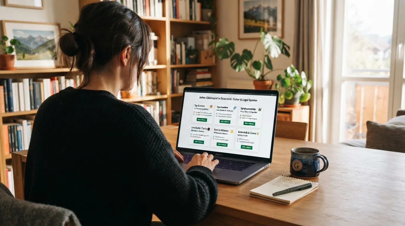 Person am Laptop liest eine Übersichtsseite zu Glücksspielen im Internet — best crypto casino österreich