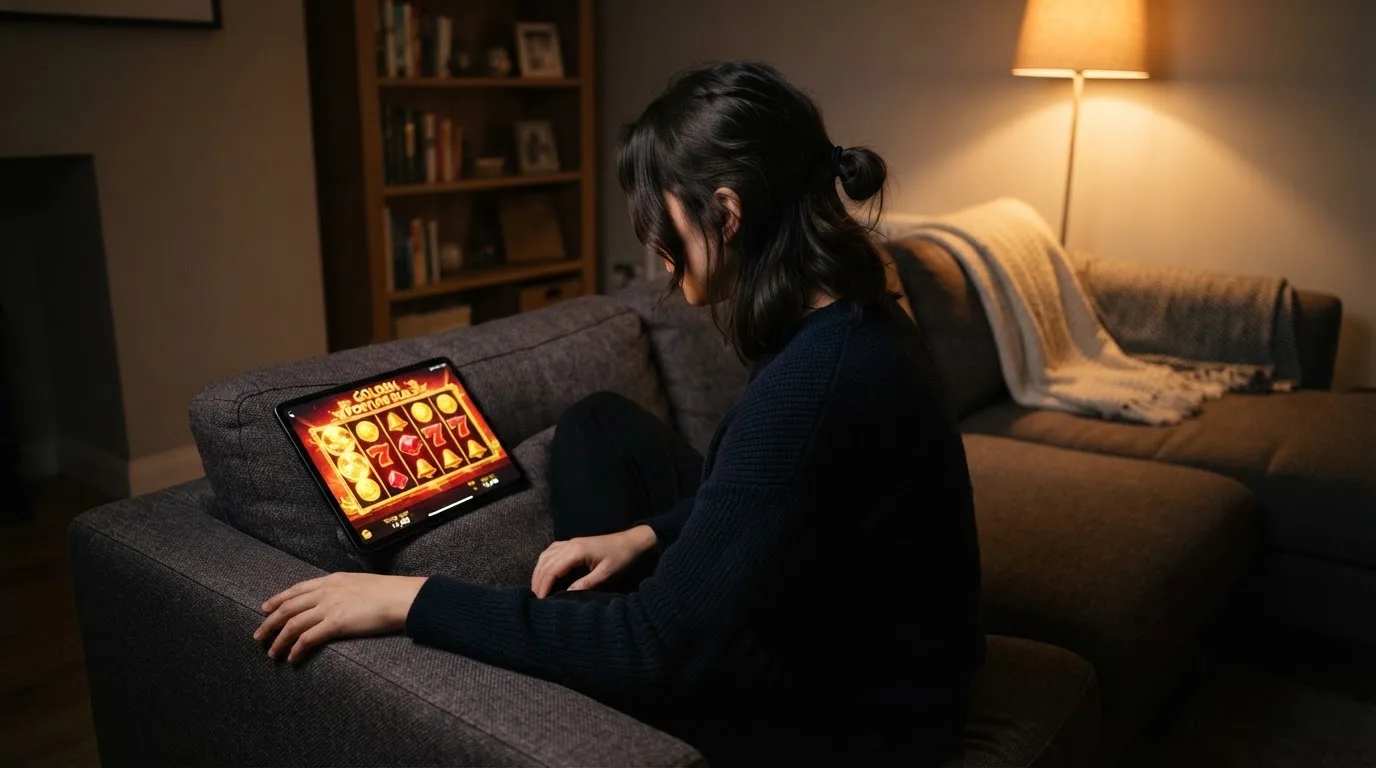 Person sitzt entspannt auf einem Sofa und blickt konzentriert auf ein Tablet in gedämpftem Wohnzimmerlicht am Abend.