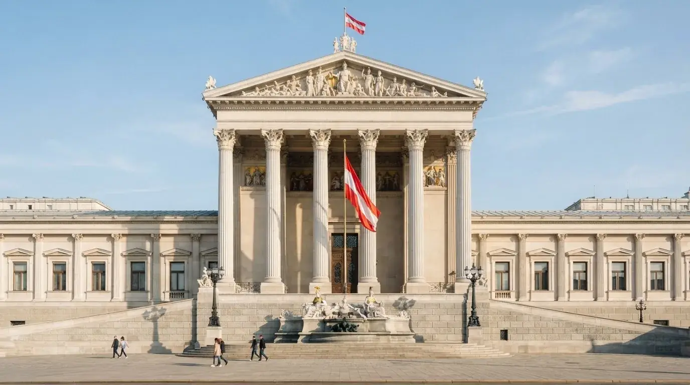 Fassade eines klassizistischen Wiener Amtsgebäudes mit österreichischer Flagge an einem klaren Nachmittag.