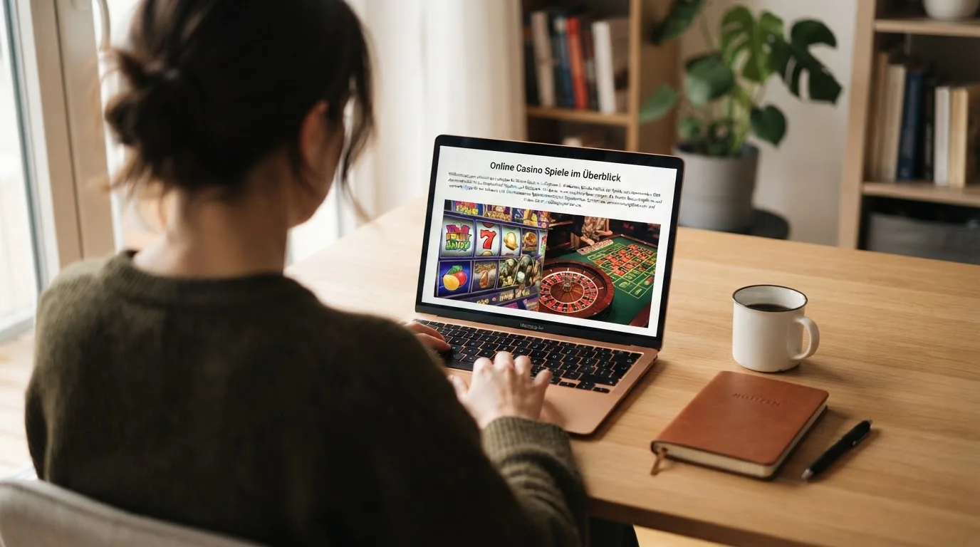 Person am Laptop liest eine Übersichtsseite zu Glücksspielen im Internet — beste casino mit schneller auszahlung