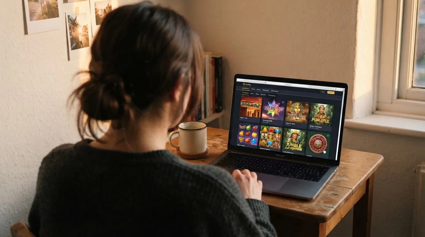 Person am Laptop liest eine Übersichtsseite zu Glücksspielen im Internet — beste casino ohne verifizierung auszahlen