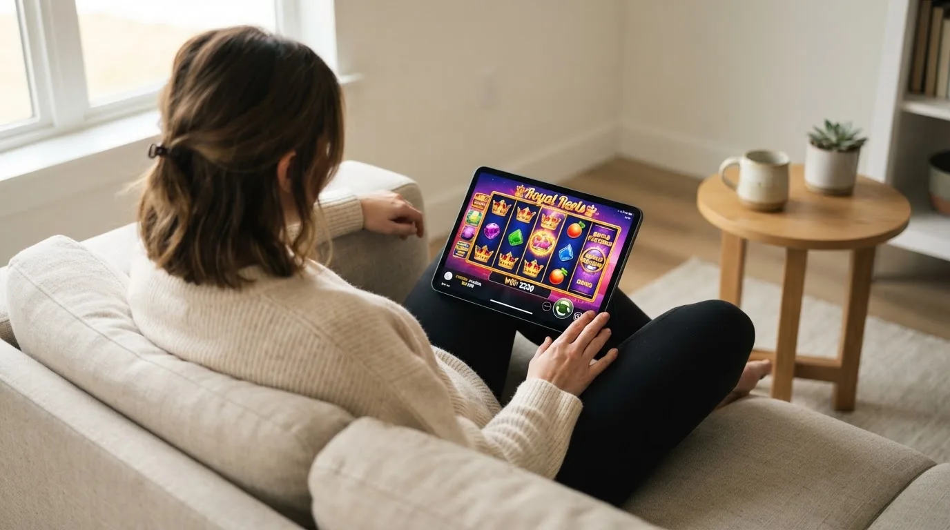 Person sitzt entspannt mit einem Tablet auf dem Schoß in einem hellen Wohnzimmer.