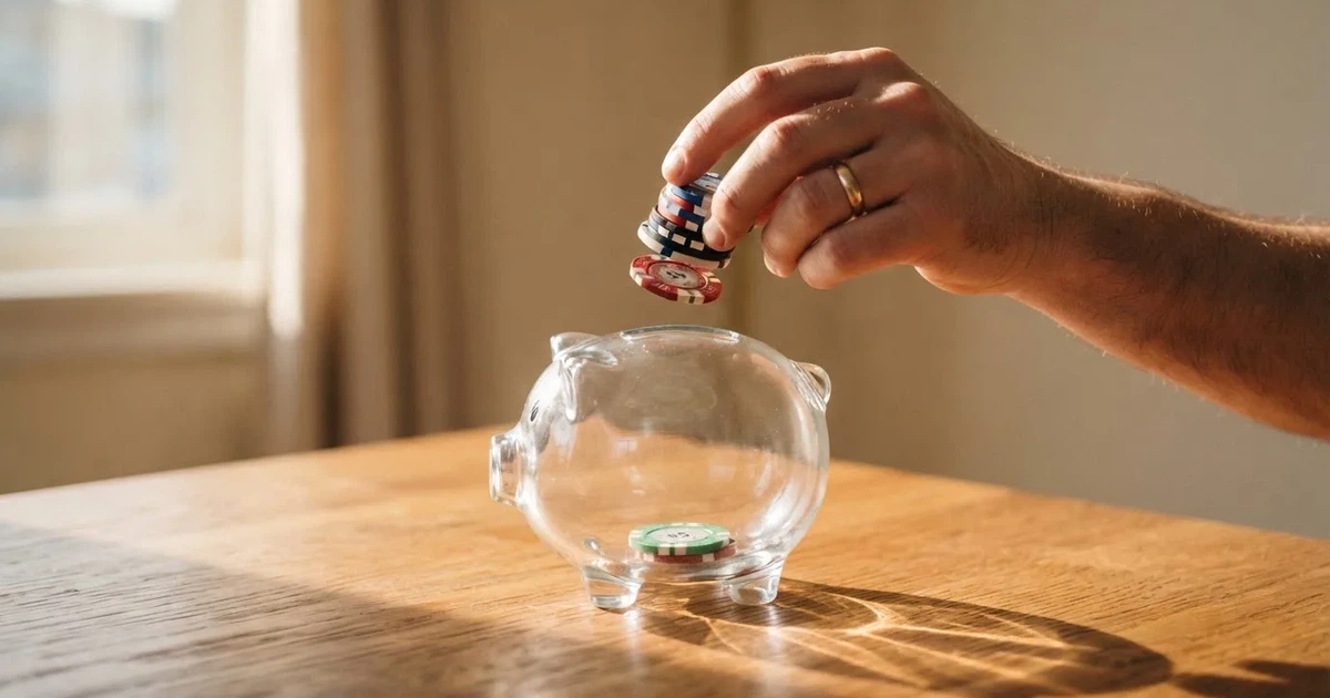 Nahaufnahme einer Hand, die Münzen in ein Sparschwein aus Glas auf einem Holztisch steckt.