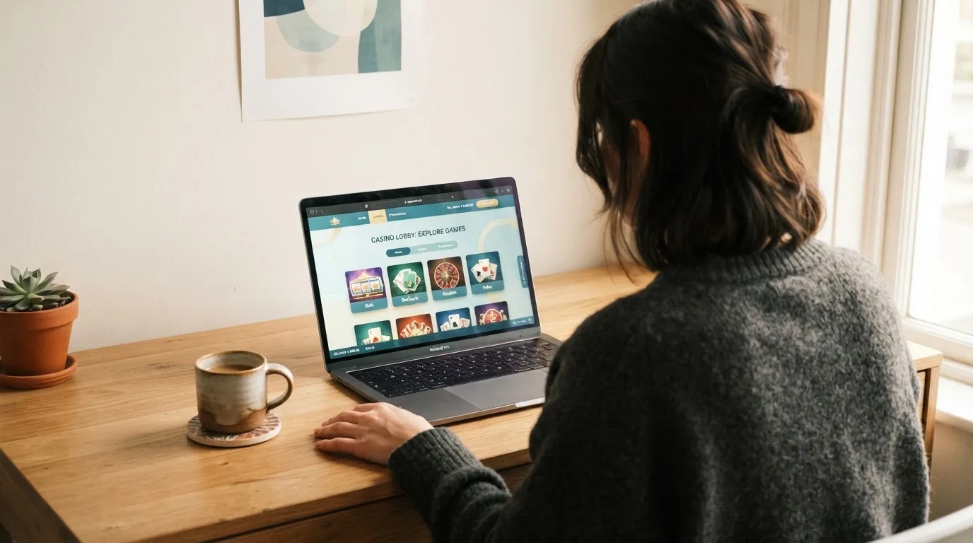 Person am Laptop liest eine Übersichtsseite zu Glücksspielen im Internet — beste craps online casinos österreich