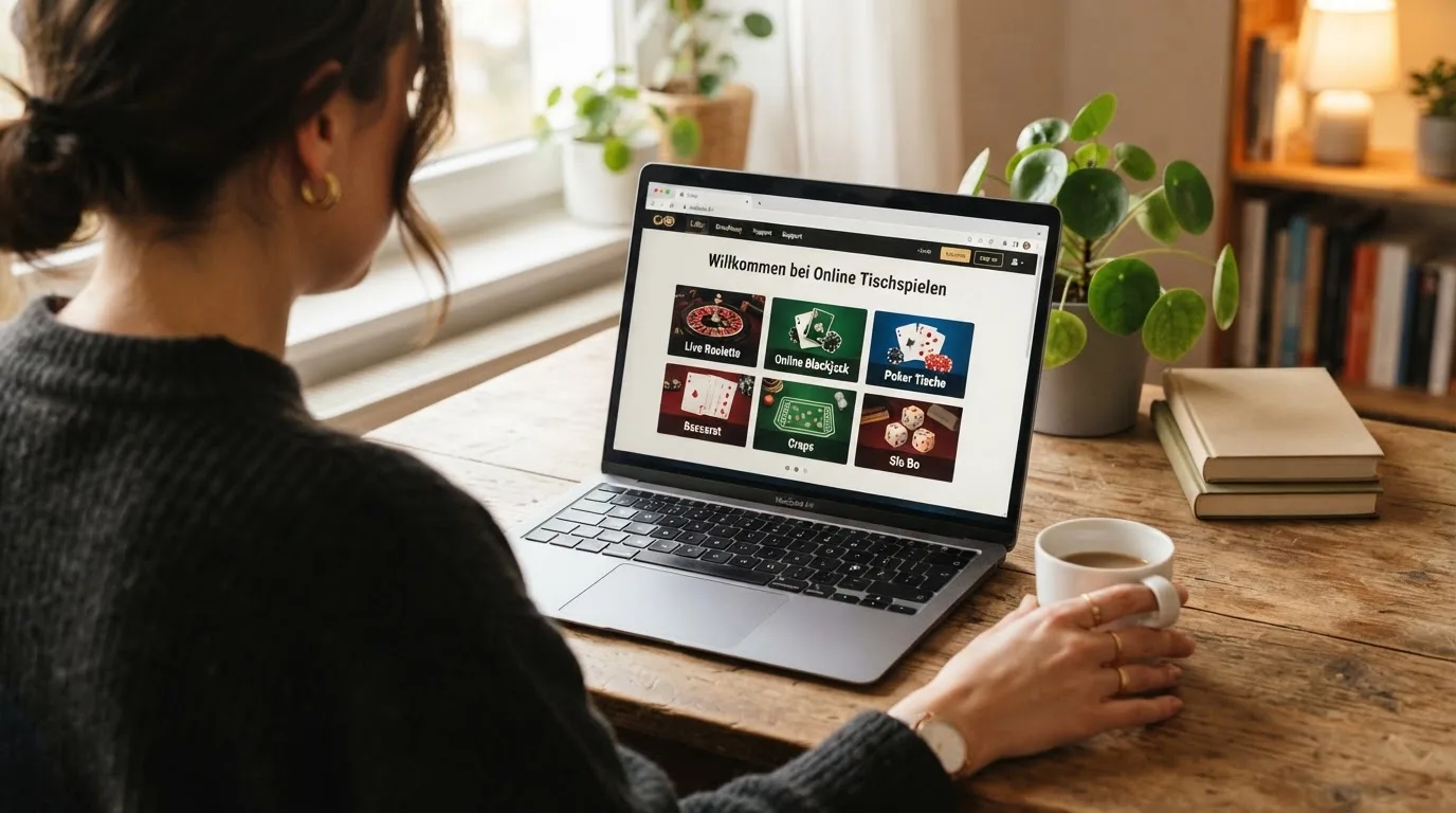 Person am Laptop liest eine Übersichtsseite zu Glücksspielen im Internet — beste live baccarat österreich