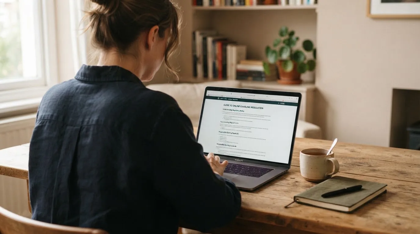 Person am Laptop liest eine Übersichtsseite zu Glücksspielen im Internet — beste online casino ausland