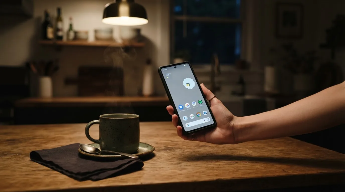 Hand hält ein Smartphone, daneben eine Tasse Tee, ruhige Abendstimmung am Küchentisch — beste online casino ausland