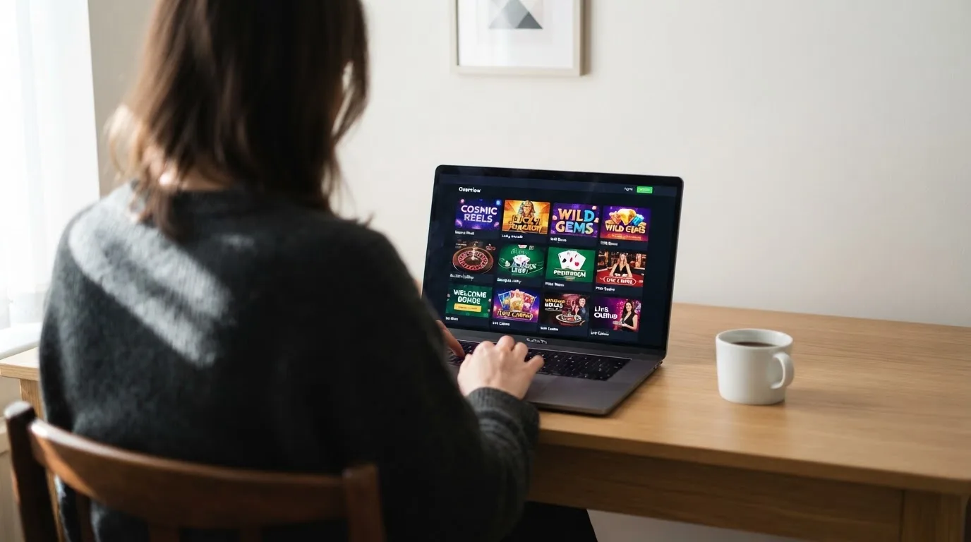 Person am Laptop liest eine Übersichtsseite zu Glücksspielen im Internet — beste online casino echtgeld app