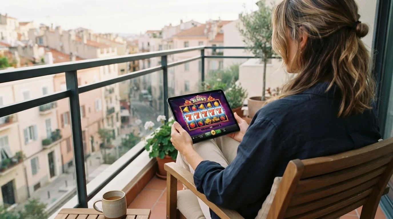 Person sitzt entspannt mit einem Tablet auf dem Balkon eines modernen Apartments.