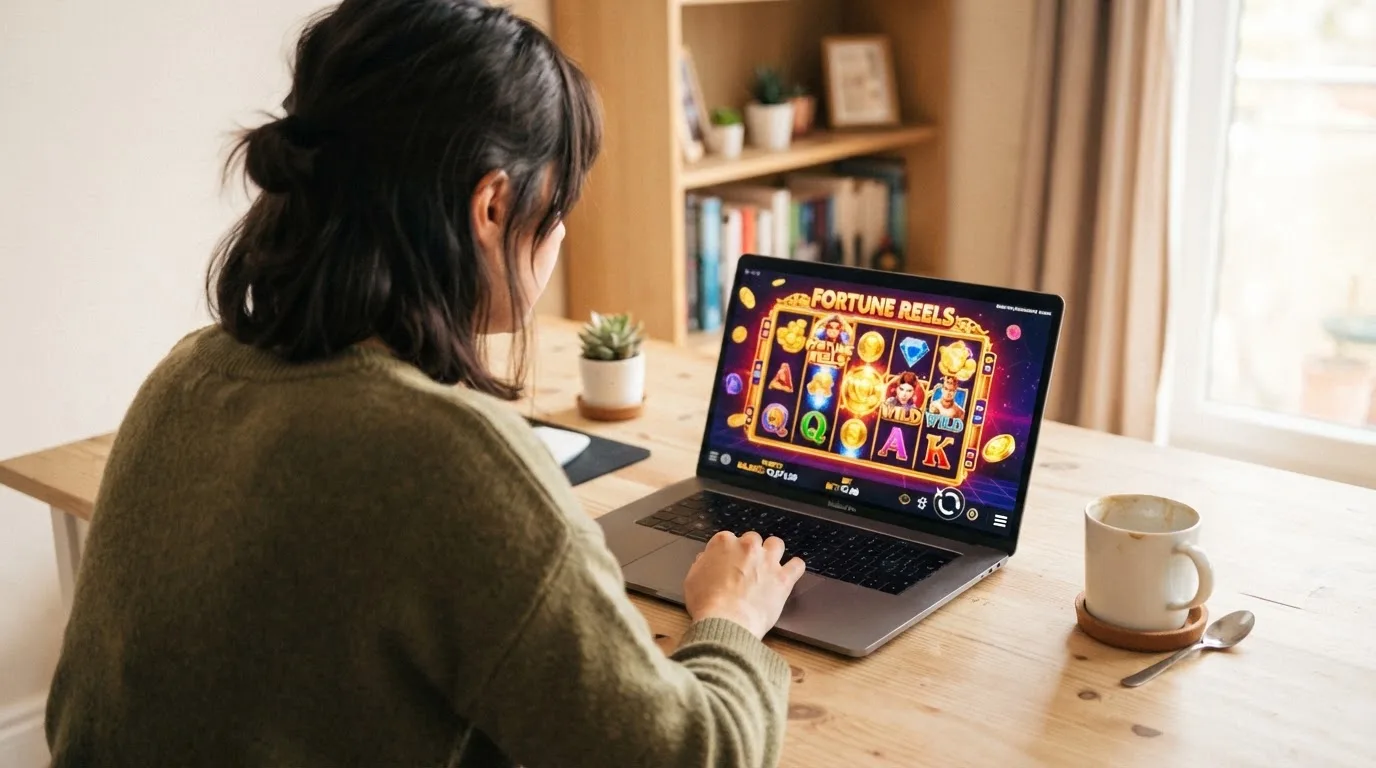 Person am Laptop liest eine Übersichtsseite zu Glücksspielen im Internet — beste online casino mit banküberweisung bezahlen