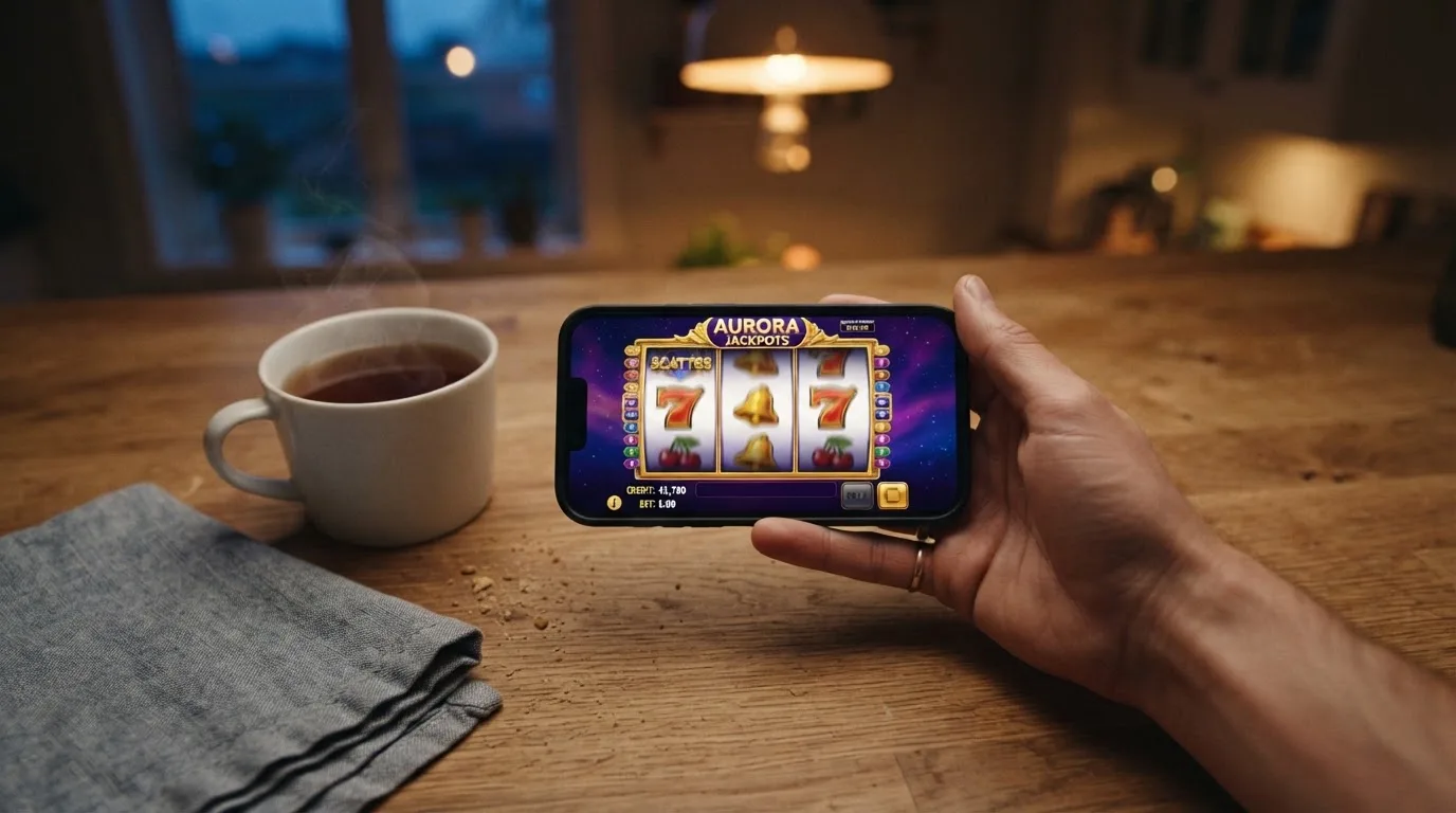 Hand hält ein Smartphone, daneben eine Tasse Tee, ruhige Abendstimmung am Küchentisch — beste online casino österreich