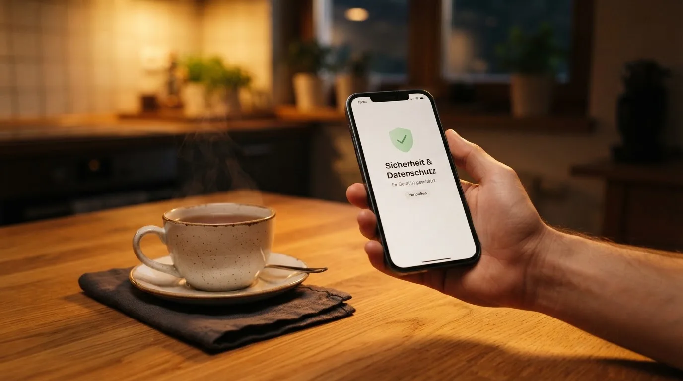 Hand hält ein Smartphone, daneben eine Tasse Tee, ruhige Abendstimmung am Küchentisch — beste online casinos echtgeld