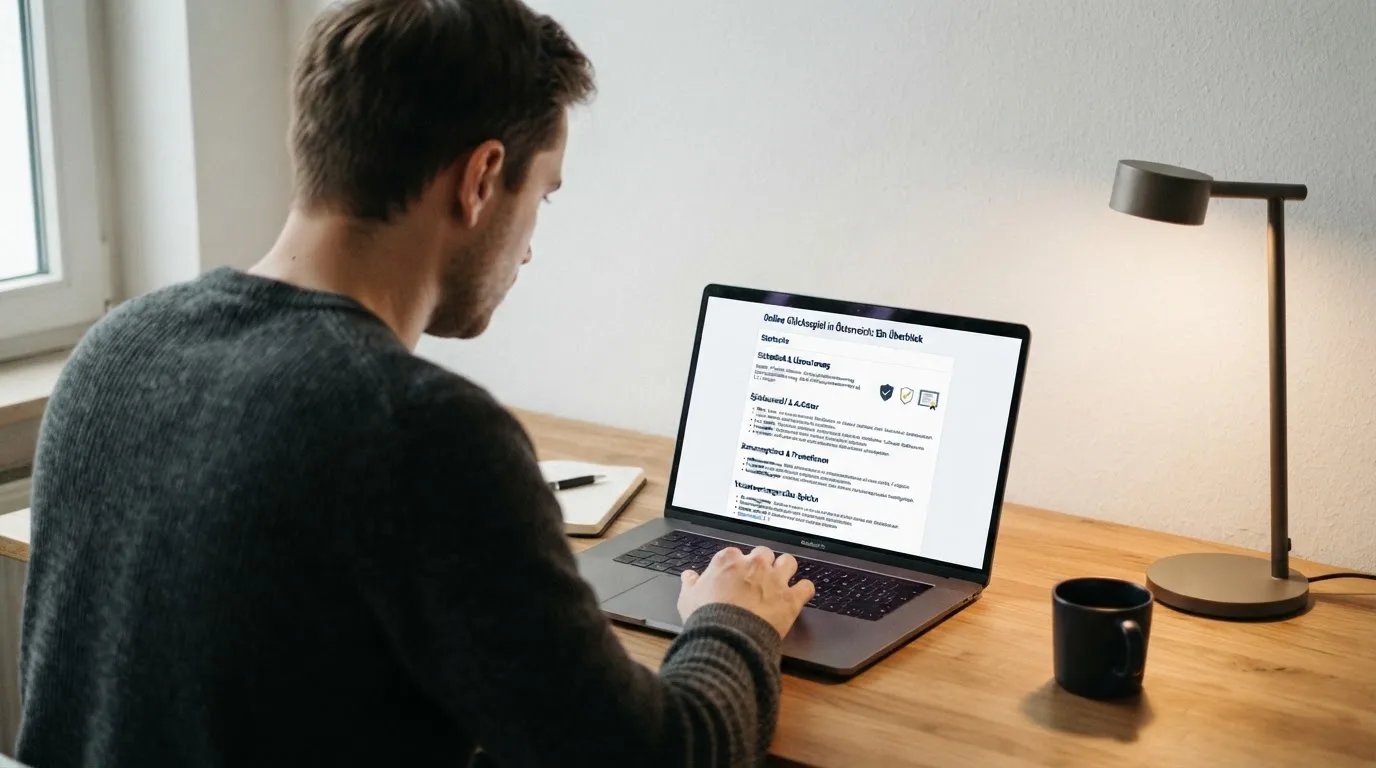 Person am Laptop liest eine Übersichtsseite zu Glücksspielen im Internet — beste online casinos österreich mit no deposit bonus