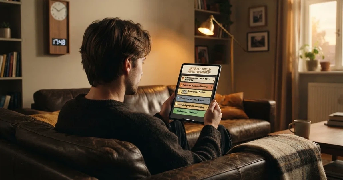Person am Sofa schaut nachdenklich auf ein Tablet, im Hintergrund eine Uhr — beste online casinos österreich mit no deposit bonus