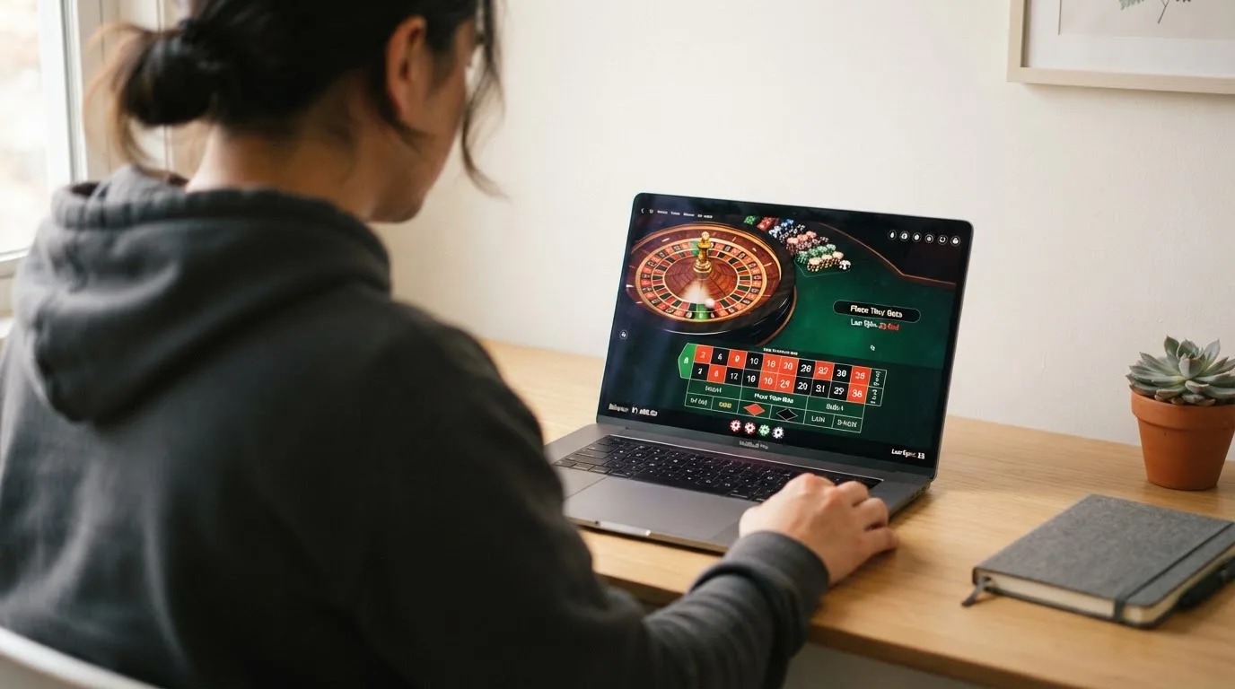 Person am Laptop liest eine Übersichtsseite zu Glücksspielen im Internet — beste online casinos ohne limit