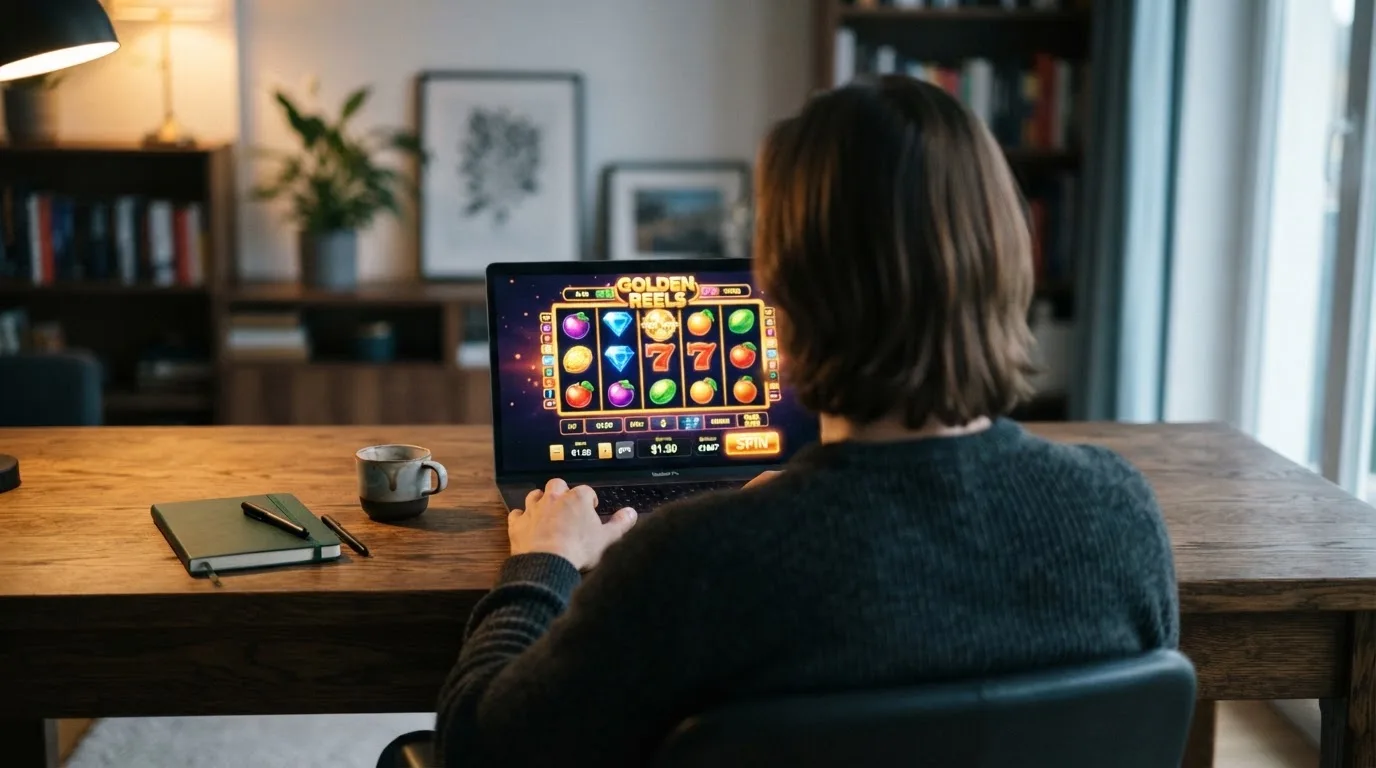 Person am Laptop liest eine Übersichtsseite zu Glücksspielen im Internet — beste online spielothek casinos