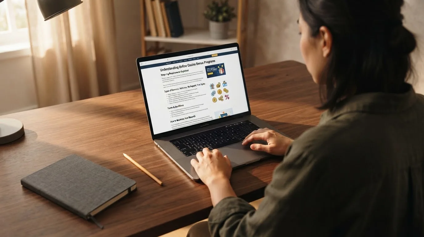 Person am Laptop liest eine Übersichtsseite zu Glücksspielen im Internet — bester willkommensbonus online casino