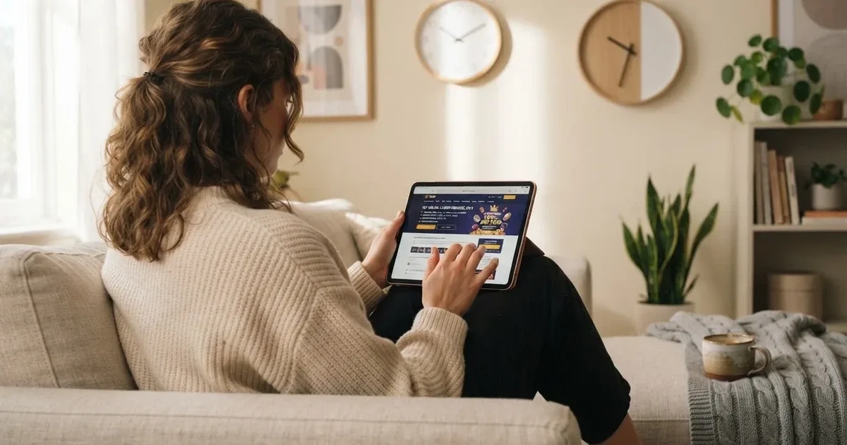 Person am Sofa schaut nachdenklich auf ein Tablet, im Hintergrund eine Uhr — bester willkommensbonus online casino