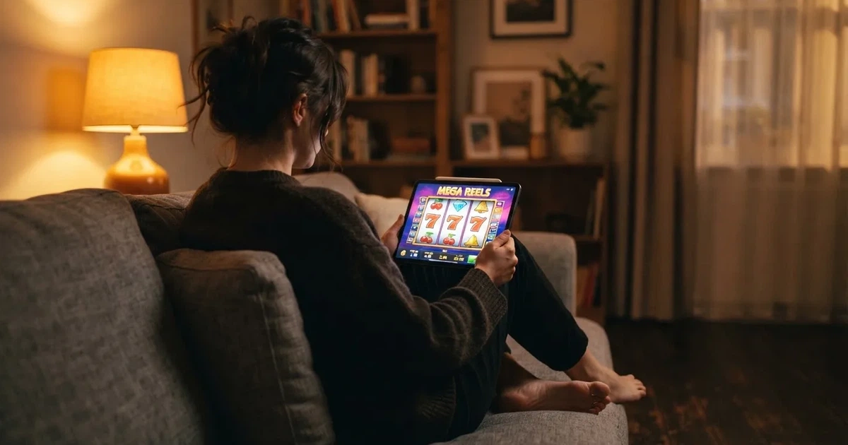 Person sitzt entspannt auf einem Sofa und blickt konzentriert auf ein Tablet in gedämpftem Wohnzimmerlicht am Abend.