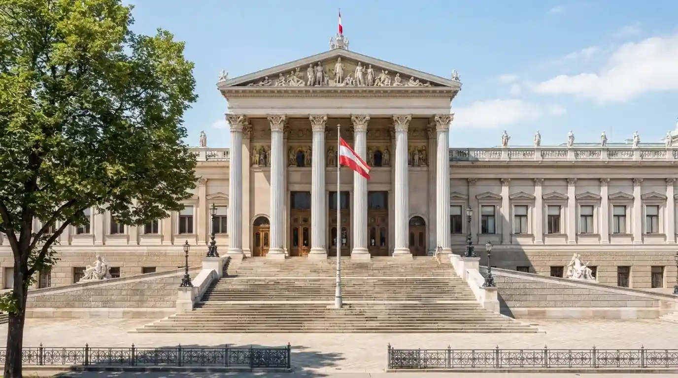 Fassade eines klassizistischen Wiener Amtsgebäudes mit österreichischer Flagge an einem klaren Nachmittag.