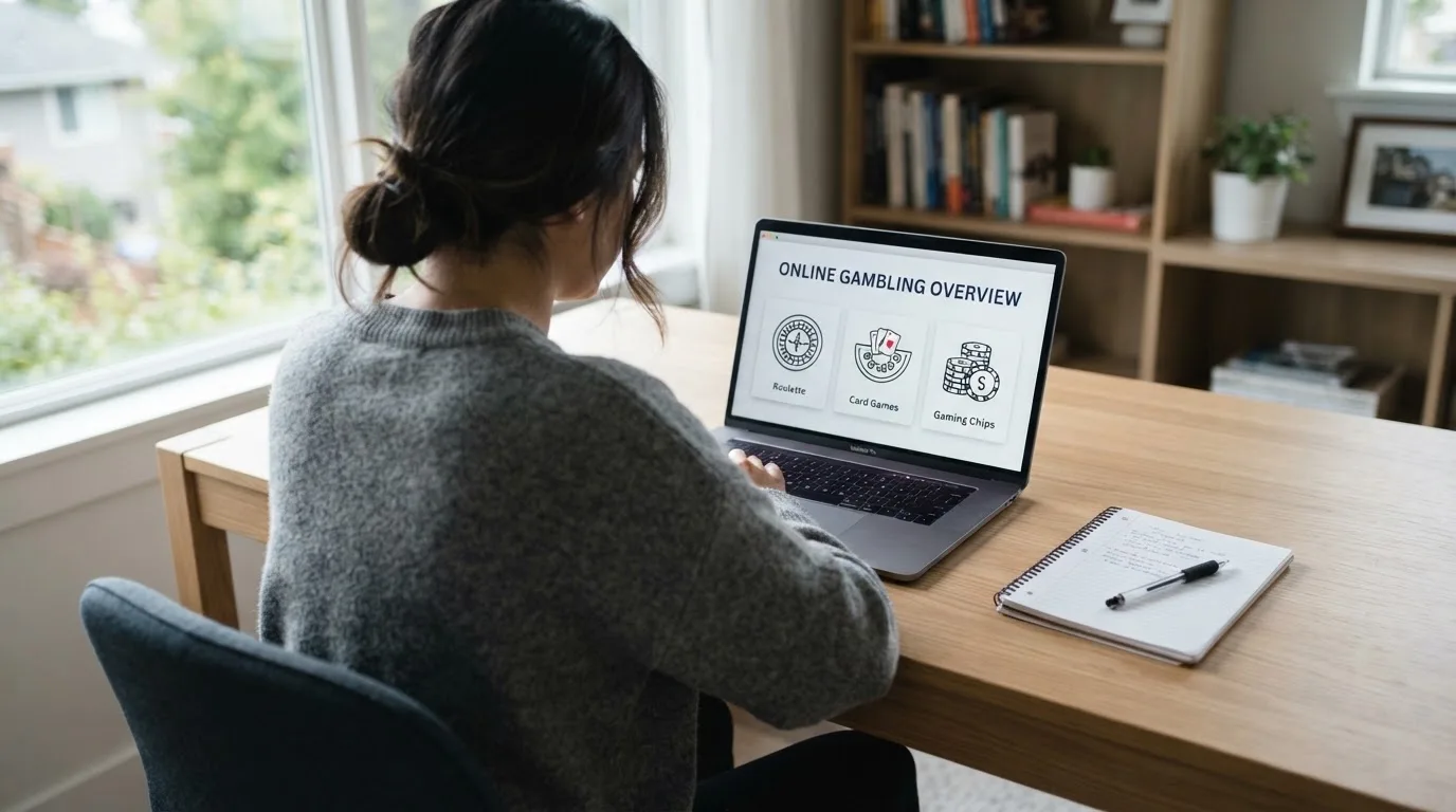 Person am Laptop liest eine Übersichtsseite zu Glücksspielen im Internet — casino bonus ohne einzahlung
