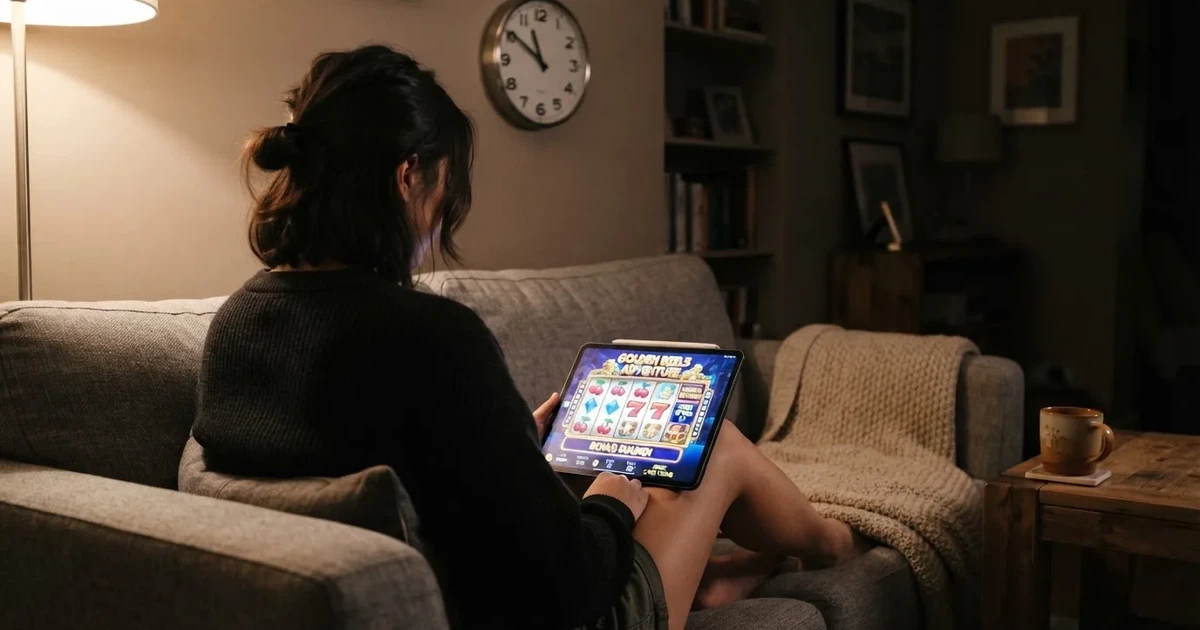 Person am Sofa schaut nachdenklich auf ein Tablet, im Hintergrund eine Uhr — casino bonus ohne einzahlung