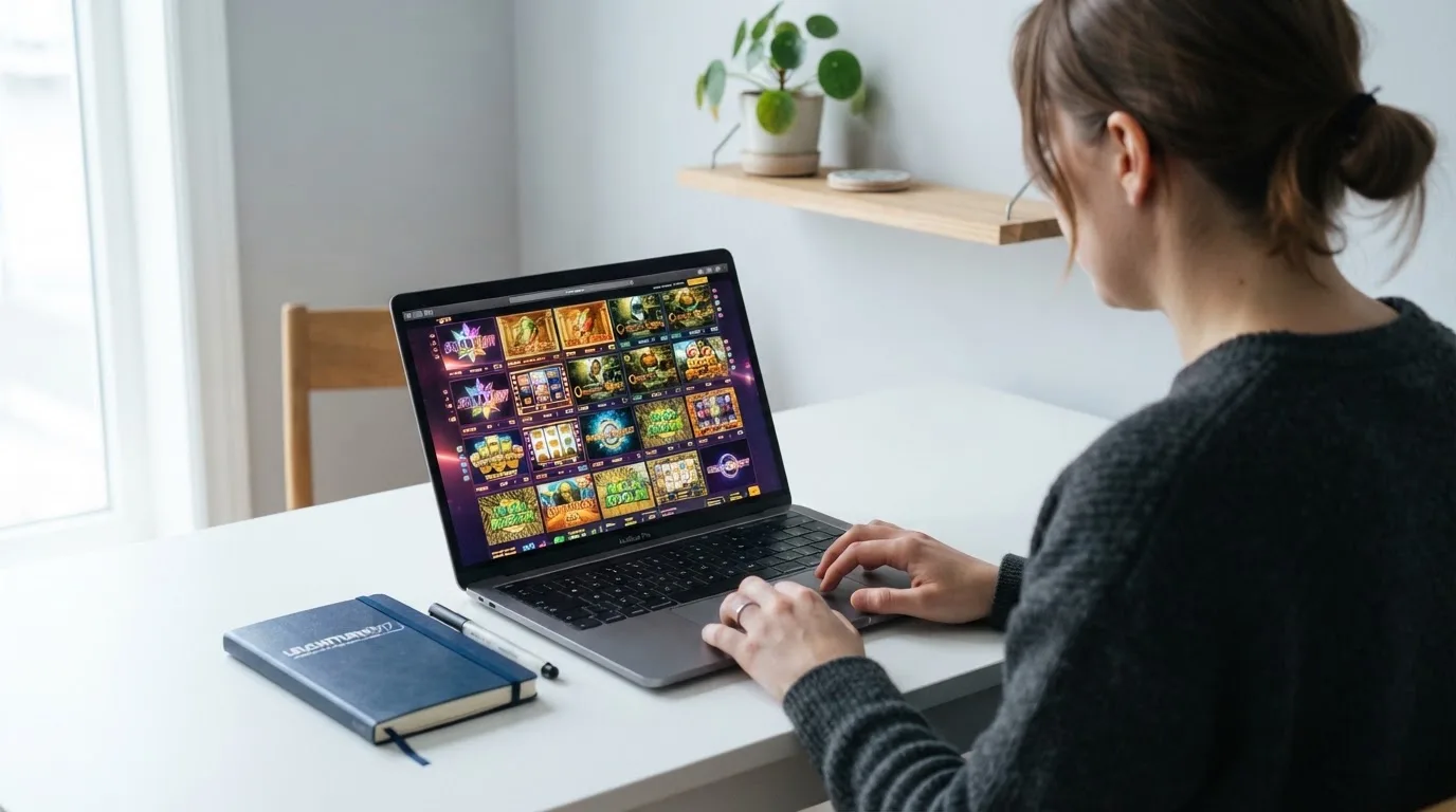 Person am Laptop liest eine Übersichtsseite zu Glücksspielen im Internet — casino guthaben ohne einzahlung