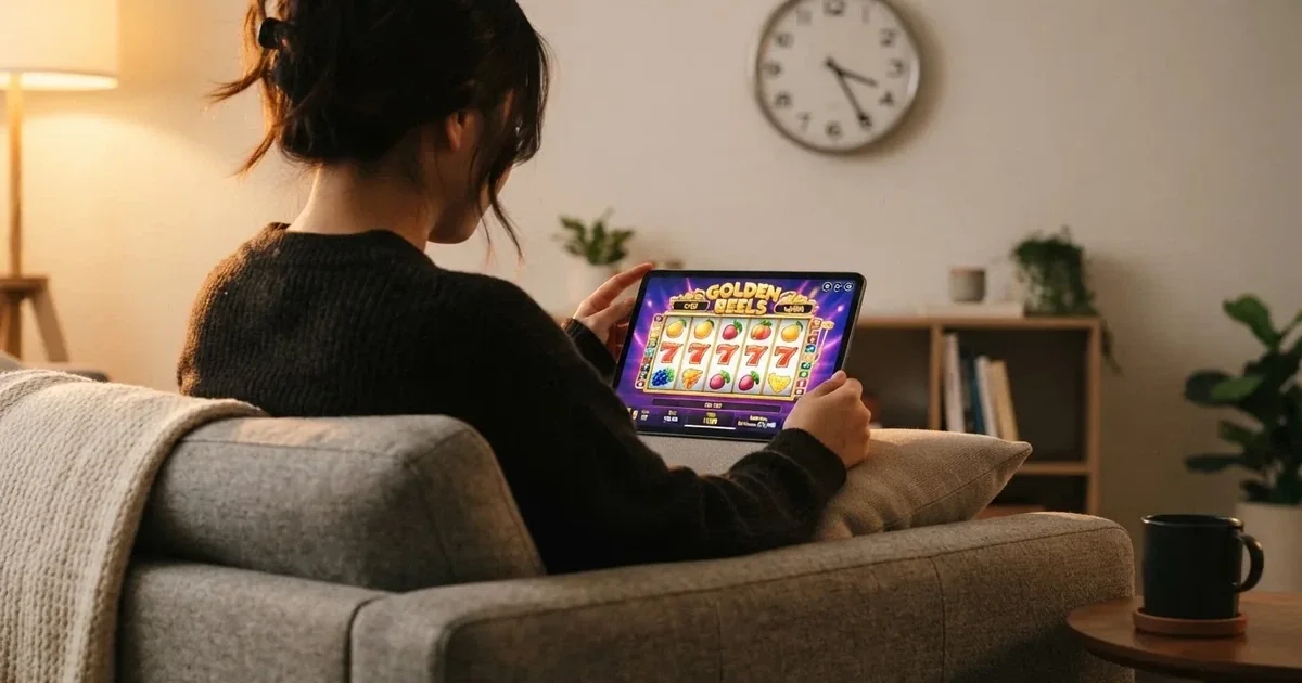 Person am Sofa schaut nachdenklich auf ein Tablet, im Hintergrund eine Uhr — casino guthaben ohne einzahlung