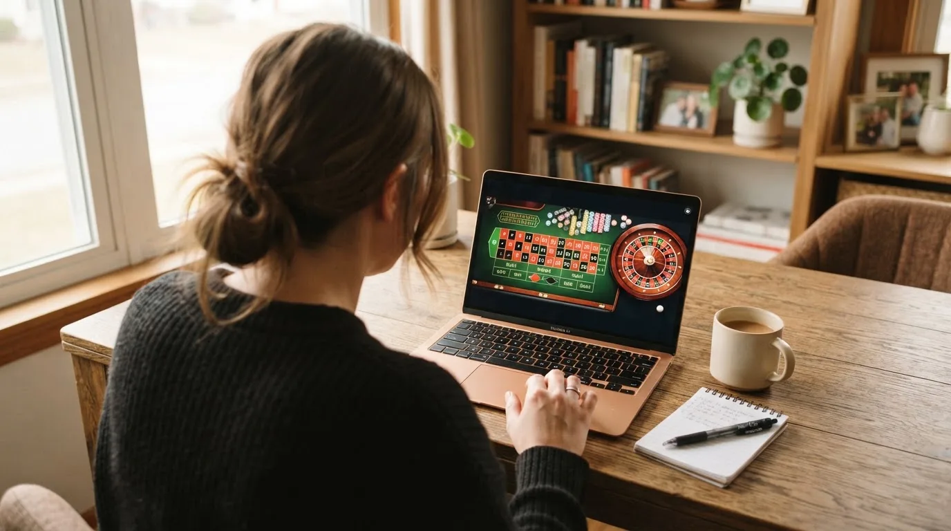 Person am Laptop liest eine Übersichtsseite zu Glücksspielen im Internet — casino mit hoher gewinnchance