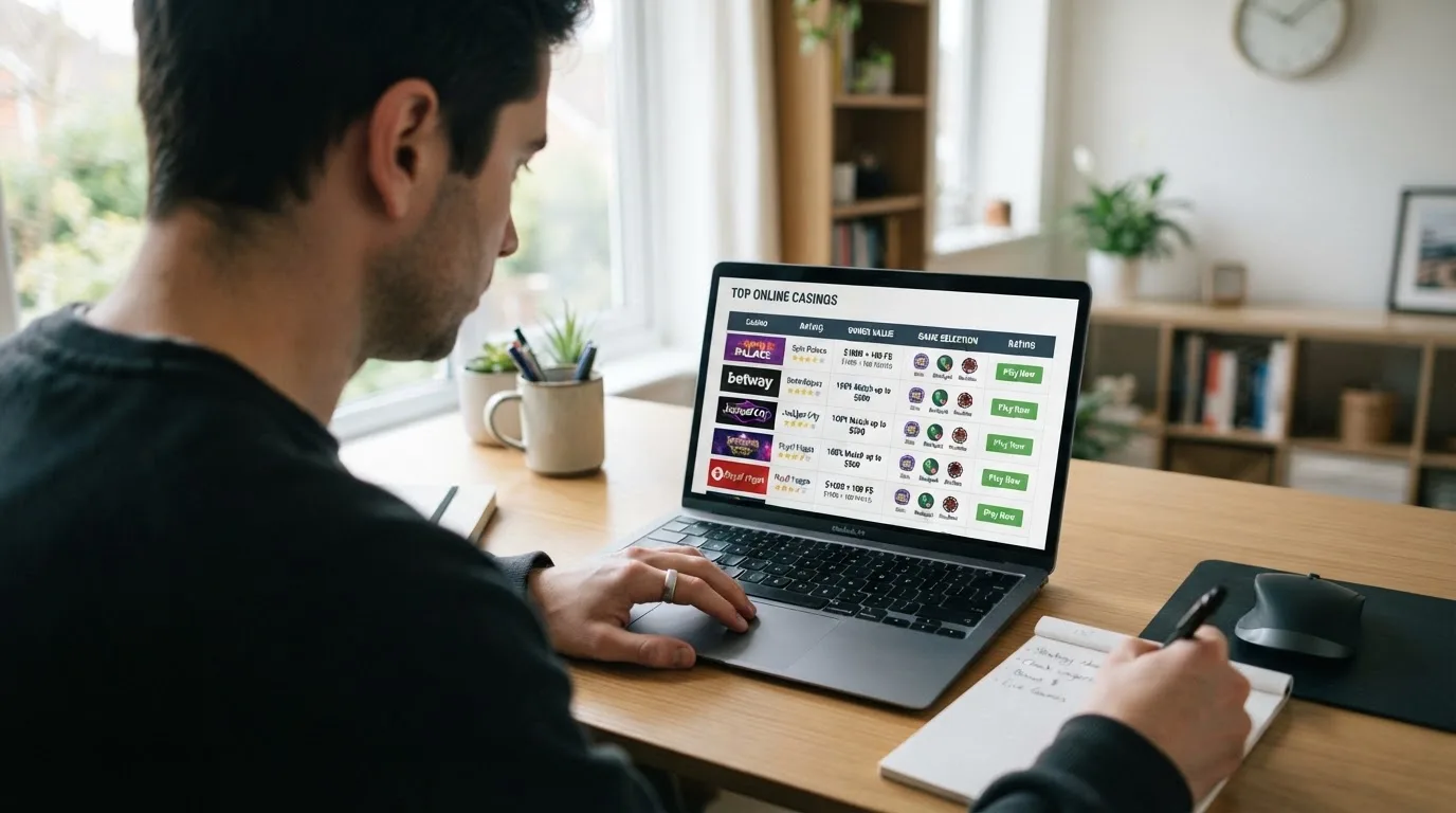 Person am Laptop liest eine Übersichtsseite zu Glücksspielen im Internet — casino online mit bonus ohne einzahlung