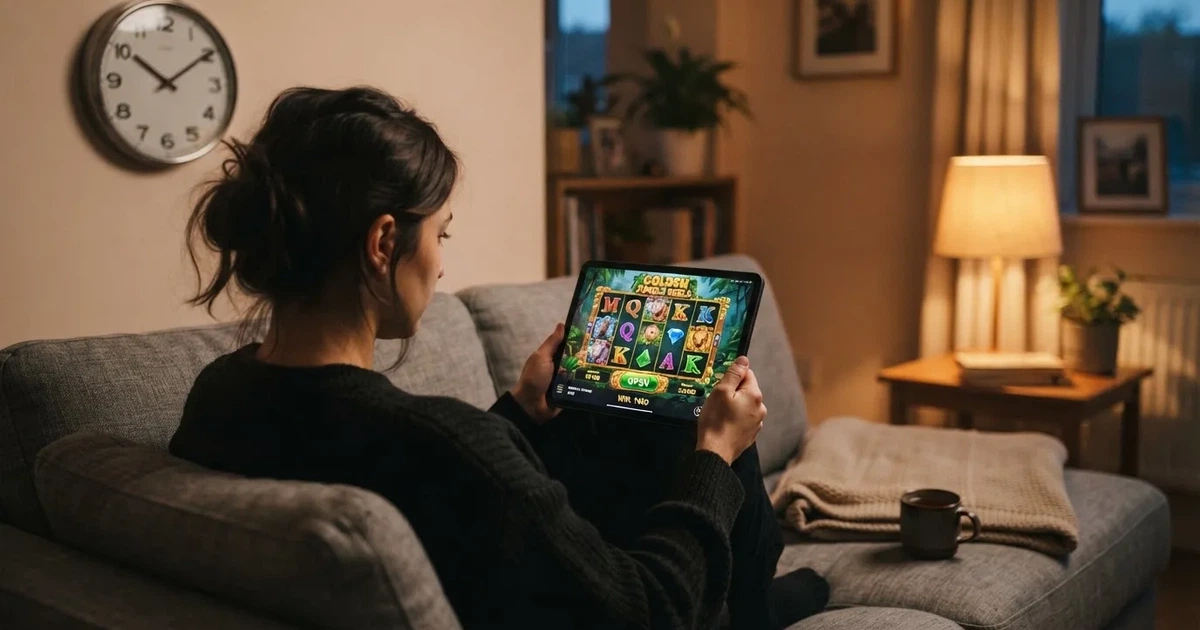 Person am Sofa schaut nachdenklich auf ein Tablet, im Hintergrund eine Uhr — casino online mit bonus ohne einzahlung
