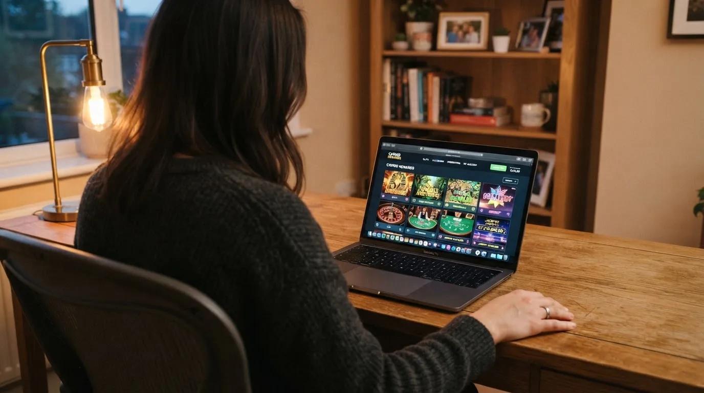 Person am Laptop liest eine Übersichtsseite zu Glücksspielen im Internet — online casino ohne auszahlungslimit