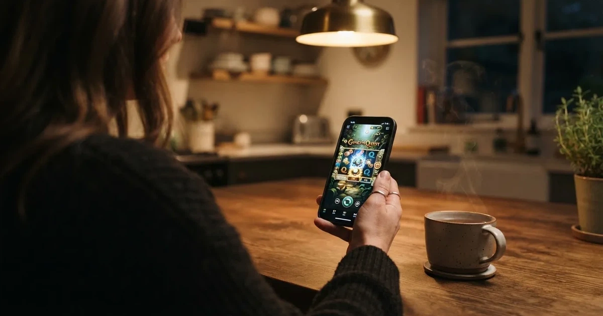 Hand hält ein Smartphone, daneben eine Tasse Tee, ruhige Abendstimmung am Küchentisch — online casino ohne auszahlungslimit