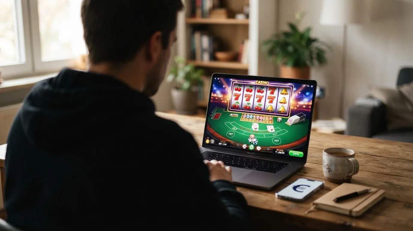 Person am Laptop liest eine Übersichtsseite zu Glücksspielen im Internet — online casino schnelle auszahlung
