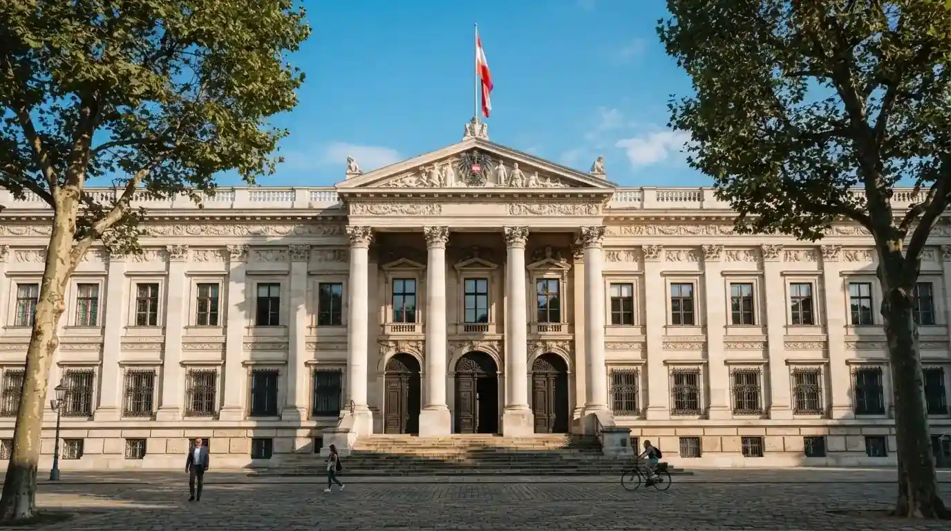 Fassade eines klassizistischen Wiener Amtsgebäudes mit österreichischer Flagge an einem klaren Nachmittag.