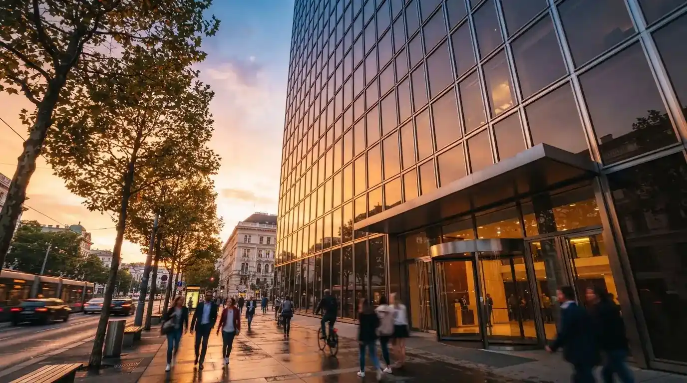 Modernes Glasbürogebäude in Wien bei Sonnenuntergang, aufgenommen von einer belebten Straße aus.